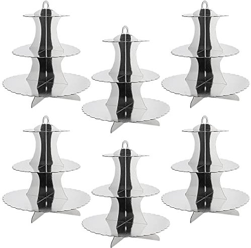 SINJEUN 6 Pack 3 Tier Cardboard Cake Stand, Silver Foil Cupcake Display Tower, Scalloped Cardboard Cupcake Holder, Serving Stand for Afternoon Tea, Birthday Party, Wedding