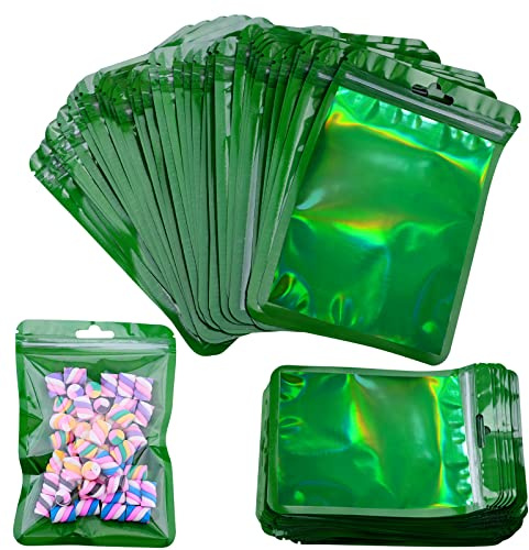 Mylar Foil Ziplock Bags,100Pcs Resealable Smell Proof Food Storage Bags Holographic Packaging Bags Clear Flat Foil Pouch for Home Coffee Beans Outdoor Cookies Jewelry (10 * 15cm, Dark green)