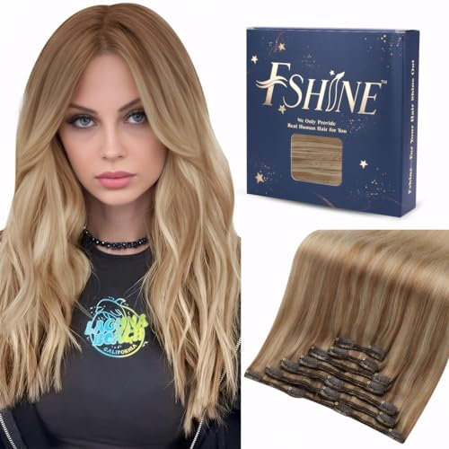 Fshine Echthaar Extensions Clip Goldbraun bis Dunkelblond Remy Haarverlängerung Echthaar Clip in Extensions 45cm 120g 7 Stücke Farbe 10 16 16
