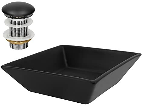 ML-Design Lavabo d'Appoggio in Ceramica Nero Opaco Quadrato 410x410x120 mm Lavandino Design Moderno Minimalista Lavello Lavamani Sanitari Arredo per Bagno Toilette WC Ospiti con Piletta Push-Open