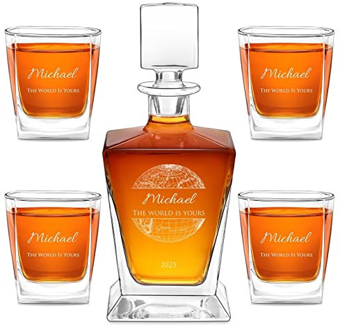Maverton Customised Whiskey Set for Man - Carafe and 4/6 Glasses with Engraving - Stylish Barware for Birthday for dad - for Whisky Lovers - Geometric Decanter and 4/6 Glasses - World