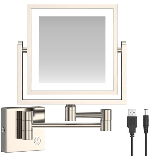 RECKODOR Kosmetikspiegel mit Beleuchtung Wandhalterung,Schminkspiegel Wandmontage 1X/3X Doppelseitiger Vergrößerung Spiegel,Messing Badspiegel Quadrat,Dimmbarer Rasierspiegel mit Memory-Funktion