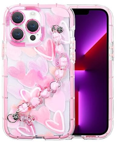YEPO For iPhone 13 Pro Max Case Cute Wrist Strap, Pink Heart Design Soft TPU Shockproof Protective Clear Phone Cases for iPhone 13 Pro Max Girls Women