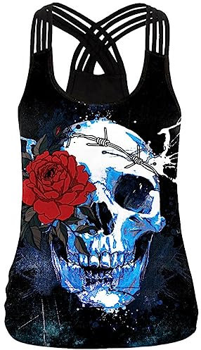 Ocean Plus Débardeur d'été sans manches pour femme avec bretelles en X et dos croisé, Broche rouge, tête de mort bleue, S