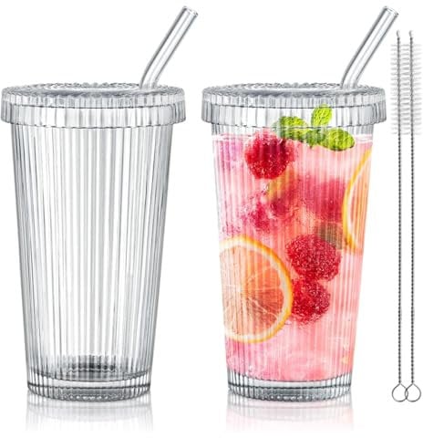 Joeyan 375ml Ribbed Glass Cups with Lids and Glass Straws, Set of 2 Glass Tumblers Iced Coffee Glasses, Reusable Clear Drinking Glasses for Iced Coffee, Smoothie, Beverages, Tea, Water, Cold Drinks