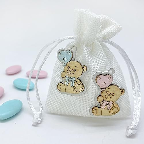 Doni Bomboniere 10 Sacchettini portaconfetti in Juta di Colore Bianco, Applicazione in Legno Orsetto con Palloncino Rosa o Celeste. Bomboniera Perfetta per confettata Nascita, Battesimi Gemelli (MM)