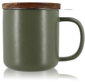 OGO LIVING - Teetasse Juliet Khaki 300ml - Ideal für Tee und Kräutertee - Teetasse aus Steingut und Deckel aus Akazienholz