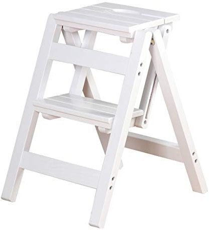 Tritthocker, Holzleiterhocker, 2 Stufen, multifunktional, Faltbare Leitern, Stuhlgestell, klappbare Trittleiter, Treppenstühle für Zuhause, Küche, Bibliothek, Weiß