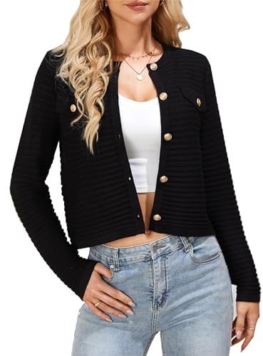 Damen Schwarze Langarm Strickjacke Open front mit Knopfleidte Bolero Elegant Gestrickt Jacke Frühling Outwear Schwarz L