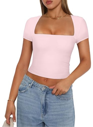 Women Slim Fit Crop Top Casual Solid Color Tight T-Shirt Basic Blouse Tee