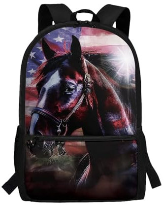 TOADDMOS 43,2 cm glatter Rucksack mit Reißverschluss für Mädchen und Jungen, leichter Schulranzen-Rucksack, USA-Flaggenpferd