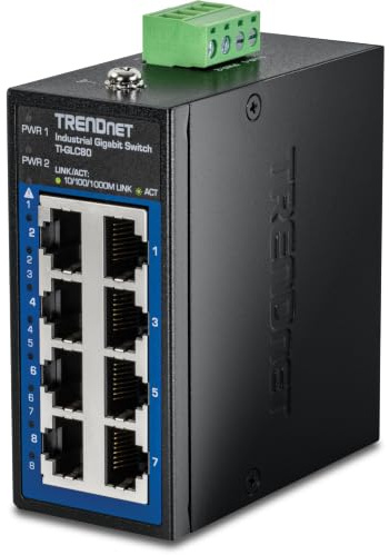TRENDnet 8-Port Industrial Gigabit DIN-Rail Mini Switch, TI-GLC80, 8 x Gigabit-Ports, Extreme Temperatur IP30, 16Gbps Switch-Kapazität, Schwarz