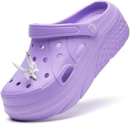 Scarpe da giardino da donna con tacco alto, 6 cm, con plateau, sandali con ciondoli staccabili a farfalla, Viola, 41.5 EU