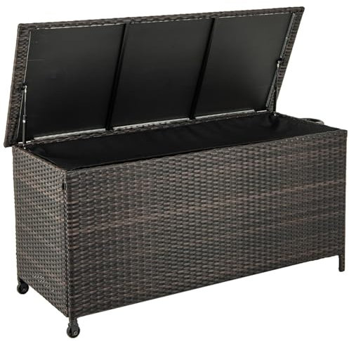 GiantexUK 320L Garden Storage Box, Waterproof Rattan Deck Box with Zippered Liner, Wheels & Gas Strut, Outdoor Utility Chest Container for Patio Poolside Cushions Pillows Tools (Vertical Shape)