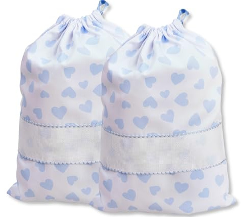FILET - Set 2 Sacchetti Porta Corredino da Ricamare, Chiusura a Coulisse, in Piquet di Cotone Bianco Stampa Cuori, Dim. 27 x 35 cm, Made in Italy, Cielo