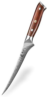 Wakoli Rosaki Serie I Ausbeinmesser Filetiermesser Damastmesser I 18 cm Klinge aus 67 Lagen Damaststahl, Griff aus Rosenholz, extrem scharf, ergonomisch, Geschenkbox