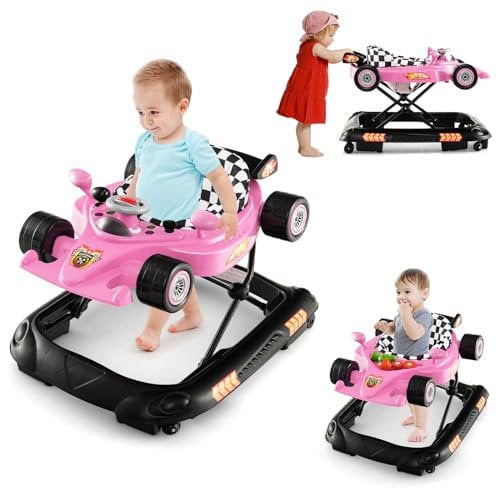 COSTWAY 4 in 1 Girello per Bambini, Primi Bassi per Neonati con Altezza Regolabile, Girello Pieghevole con Vassoio Rimovibile, Musica e Luci, per Bambini 6+ Mesi (Rosa)