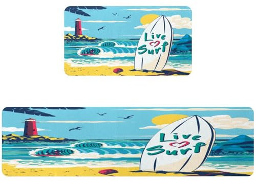 VAPOKF 2 Stück Küchenmatte Leuchtturm Surf Surfbrett Welle rutschfest Waschbar Bodenteppich Saugfähige Küchenmatte Läufer Teppich für Küche, Flur, Waschküche