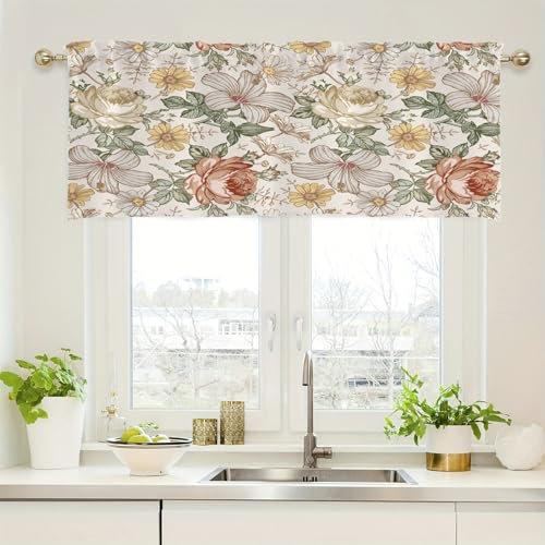 Epinki Scheibengardinen Kinderzimmer, Bunt Scheibengardinen Landhausstil Blickdicht Vintage Blumen Muster, Polyester Fenstervorhang Verdunkelung für Wohnzimmer, 1er, 152x45cm(B*H)