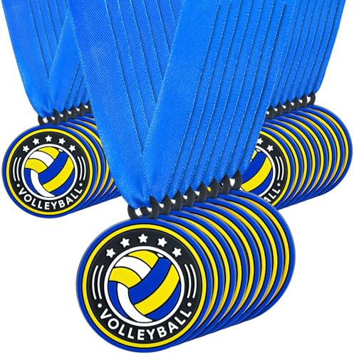 Loetere 24 Stück Sportball-Medaillen, 5,1 cm, Gummiball-Medaillen mit Bändern, für Gewinner oder Teamteilnahme, Geschenk (Volleyball)