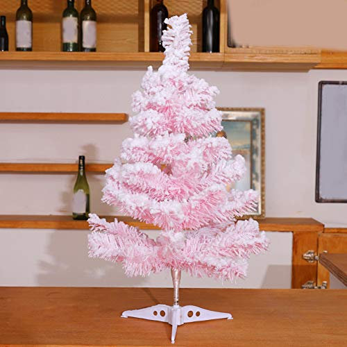 Albero di Natale in PVC con materiale innevato da 1,9 piedi, decorazione natalizia, ramo pieghevole facile con base in plastica, facile da montare, artificiale, 100% ignifugo, rosa, 0,6 m (1,9 piedi)
