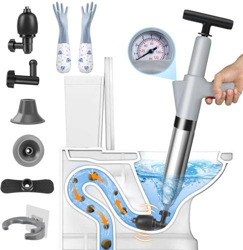 inShareplus Toilet Plunger, Grey Toilet Unblocker Heavy Duty, High Pressure Plunger Kit with 4 Replaceable Heads and 1 Gloves Plunger Sink Unblocker for Unblocking Toilets, Sink, Bathtub, Floor, Drain