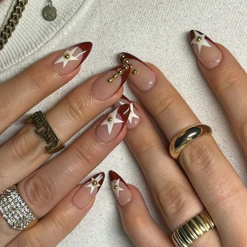 NLFOX Red French Tip False Nails - 24pcs Medium Almond & Stiletto Shapes - 12 Sizes, Five-Pointed Star Design - Full Cover Artificial Stick On Nails for Women & Girls