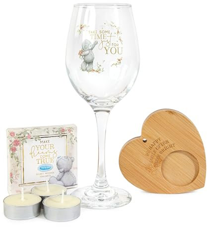 Me to You Tatty Teddy Wine Glass, Wooden Tealight Holder & Secret Message Tealights in Luxury Gift Box - Signature Collection