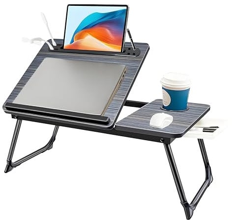 Laptop Desk, Laptop Bed Table with Foldable Legs, Cup Holder, Storage Drawer and USB Charging Port, Lap Desk Suitable for Work, Reading, Writing, Breakfast (Black)