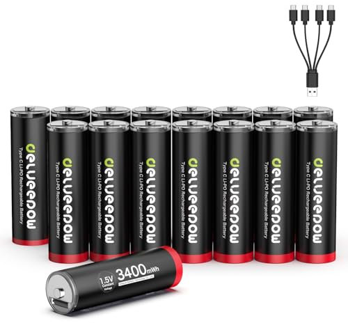 Delyeepow Batterie AA al litio ricaricabili USB C, 1,5 V, 3400 mWh USB, batterie AA ricaricabili 1500 ciclo, 16 pezzi