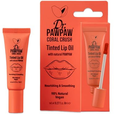 Dr.PAWPAW Coral Crush Tinted Lip Oil (8ml), Natural Vegan Lip Tint, Glossy Hydrating with PAWPAW, Aloe Vera & Castor Oil, Buildable Colour for Nourished, Soft Lips