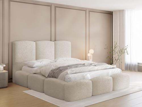 WFL GROUP Polsterbett 180x200 mit Bettkasten und Lattenrost – Creme Bett mit hohem Kopfteil, Boucle oder Samt Stoff - Modernes Doppelbett mit Stauraum – Bettgestell, ohne Matratze – Harmony - Beige