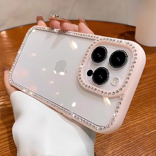 GXZJFC Custodia protettiva per fotocamera con strass di diamanti e glitter Bling per iPhone 15 13 14 16 Pro Max, cover posteriore con texture 3D Vein, rosa, per iPhone 13 Pro