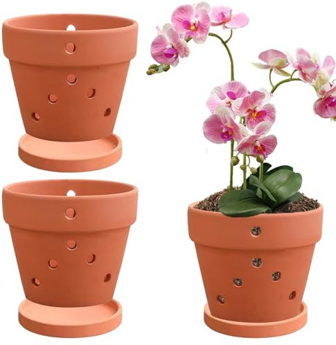 Macetas de orquídeas con agujeros y platillos, 3 piezas de orquídea de cerámica de 4 pcs para la olla de orquídea de cerámica de 4 pulgadas para el apotaje, la maceta, las macetas de las flores de la