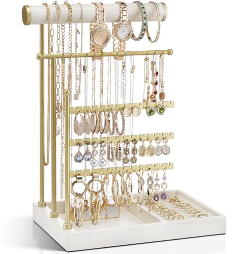 Vlando Schmuckständer mit Ringhalter, Schminktisch Organizer mit Ablage, Schmuckaufbewahrung Halskettenhalter, Zimmer Deko Halterung, Ohrringhalter Weiß