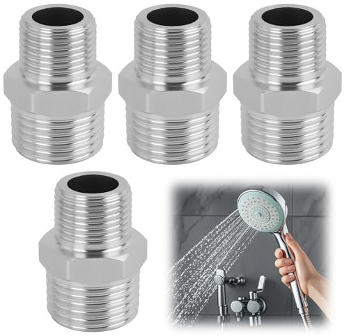 FunWorth 4 Pack Stainless Steel Shower Hose Adapters, 1/2 BSP Male to 3/8 BSP Female Threaded Connectors for Bath, Kitchen & Garden, Leak-Proof Universal Fit