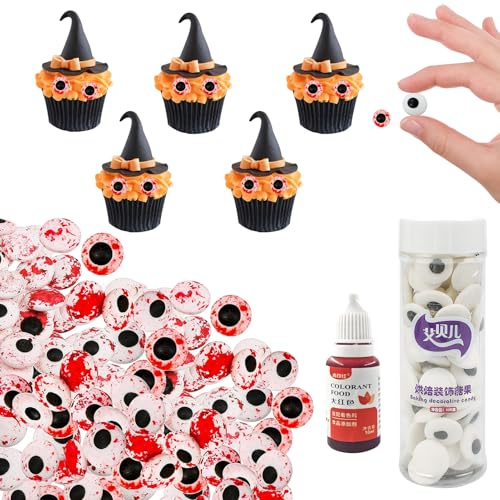 Yeux en Sucre Comestibles 130g + Colorant Alimentaire Rouge 10ml,Halloween Cake Topper Anniversaire,Décos Sucres Yeux,Decoration Gateau Halloween pour Cupcakes,Fêtes Effrayantes