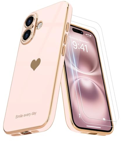 Teageo für iPhone 17 Hülle+2 Schutzfolie Herzmuster, LichtRosa | Mädchen Stilvoll Galvanisierte Schutzhülle Weich TPU Phone Case