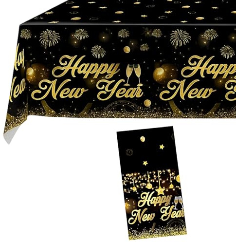 Tischdecke Silvester, Silvester Deko 2026, Tischdecke Schwarz Gold, für Neujahrsfeiern, Festliche Tischdeko 274 x 137 cm