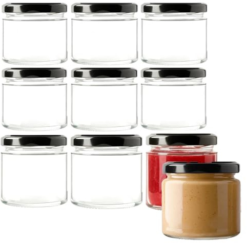 Lot de 10 Pots Confiture 150ml avec Couvercles - Bocaux à Vis Étanches & Lavables Lave-Vaisselle, Convient comme bocal Mason et verre de fermentation - pour confiture, yaourt (10, Transparent, 150 ML)