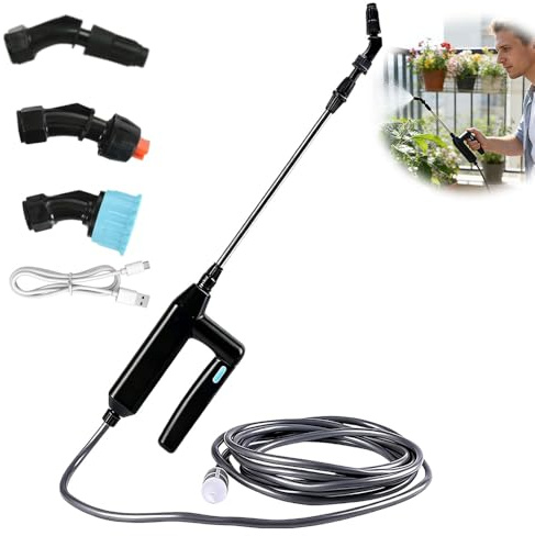 Akku Drucksprüher, 7.4V Elektrischer Pflanzensprüher mit 60cm Teleskopstab, 5M Schlauch, 3 Nebeldüsen, Wiederaufladbarem Elektrischer Drucksprüher, Ergonomischer Griff, für Gärten, Höfe, Bewässerung