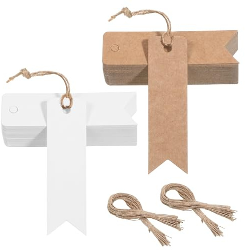 100 Stück Geschenkanhänger, 2×7cm Kraftpapier mit 20m Juteschnur Anhänger Etiketten Karten Geschenkanhänger zum Beschriften Blanko Kraftpapier Basteln Zubehör für Hochzeit Weihnachten(Weiß Braun)