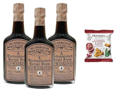 Geo Watkins Mushroom Ketchup 190ml (Pack of 3) + Primadeli Snack – Umami Rich British Sauce, Vegan & Dairy Free, Versatile Cooking Condiment for Pies, Gravies & Stews, from SuperfoodUK