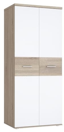 Forte WINNIE Schrank 80, moderner Kleiderschrank, Kinderzimmerschrank, Schlafzimmer, Skandinavischer Stil, 2-türig, Sonoma Eiche Holzdekor/ Weiß, 80 cm breit x 189 cm hoch x 53 cm tief