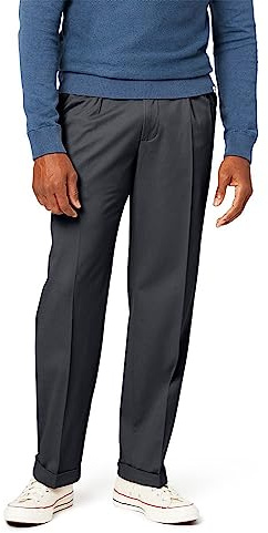 Dockers Men's Relaxed Fit Comfort Khaki Pants-Pleated, Dark Charcoal Heather, 40W x 30L