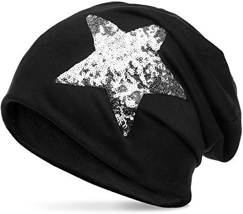 Caspar MU138 Klassiche leichte Beanie Mütze mit Glitzer Stern, Farbe:schwarz, Größe:One Size