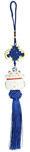 UOOOM Pendentif Chat Japonais en Porcelaine avec Noeud Chinois Porte Bonheur Fortune (Bleu)