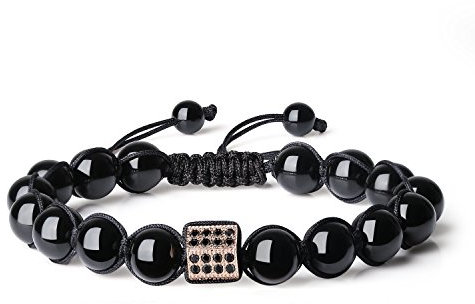 COAI Bracelet Pierres Semi-Précieuses Tourmaline Noire Breloque Or Rose Cordon Ajustable Femme