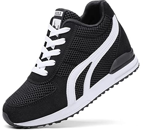 AONEGOLD® Sneakers Zeppa Interna Donna Scarpe da Ginnastica Basse Sportive Fitness Tacco Zeppa 7 CM Nero Bianco Grigio(Nero,36 EU)