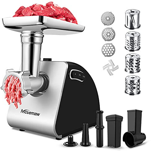 COOCHEER Hachoir à Viande Électrique 2000W, Hachoir Viandes Multifonction avec 3 Plaques de Broyage, Tube de Remplissage de Saucisse, Acier Inoxydable